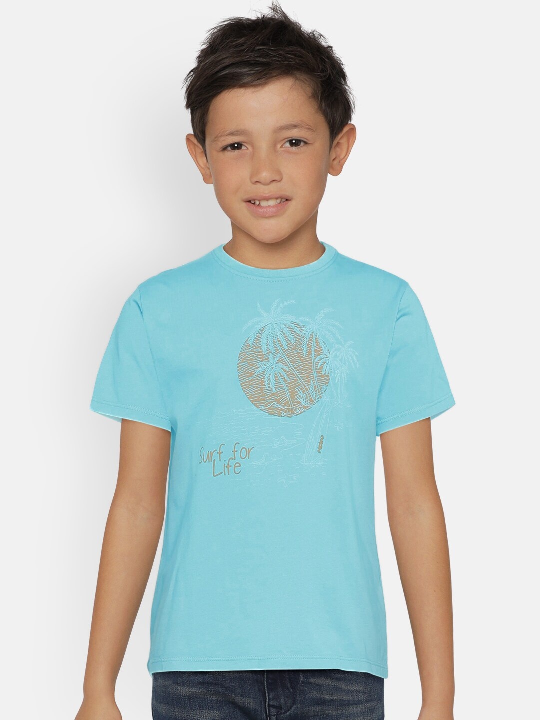 

METRO KIDS COMPANY Boys Turquoise Blue Organic Cotton Printed Round Neck T-shirt