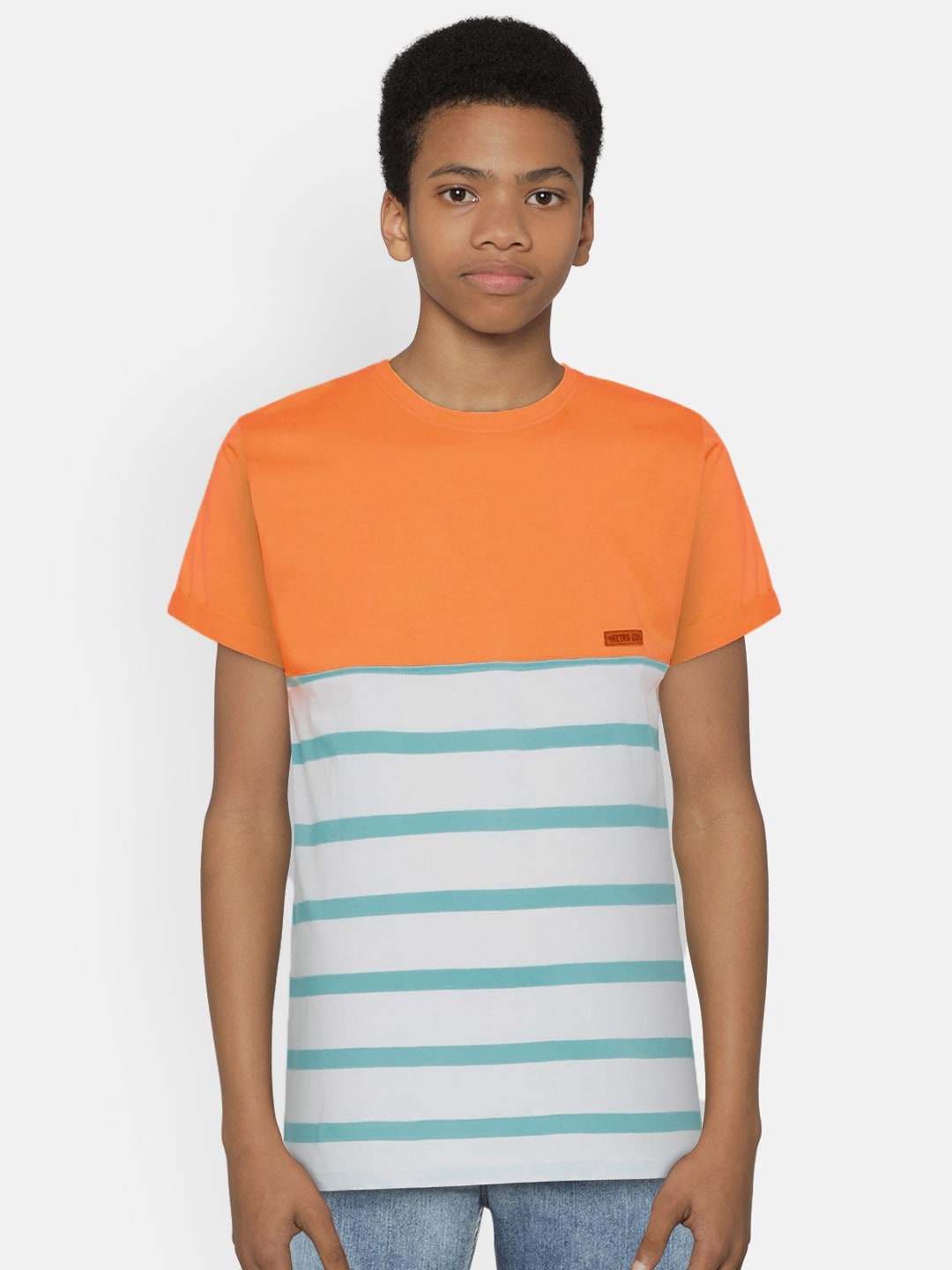 

METRO KIDS COMPANY Boys Orange Organic Cotton Striped Round Neck T-shirt