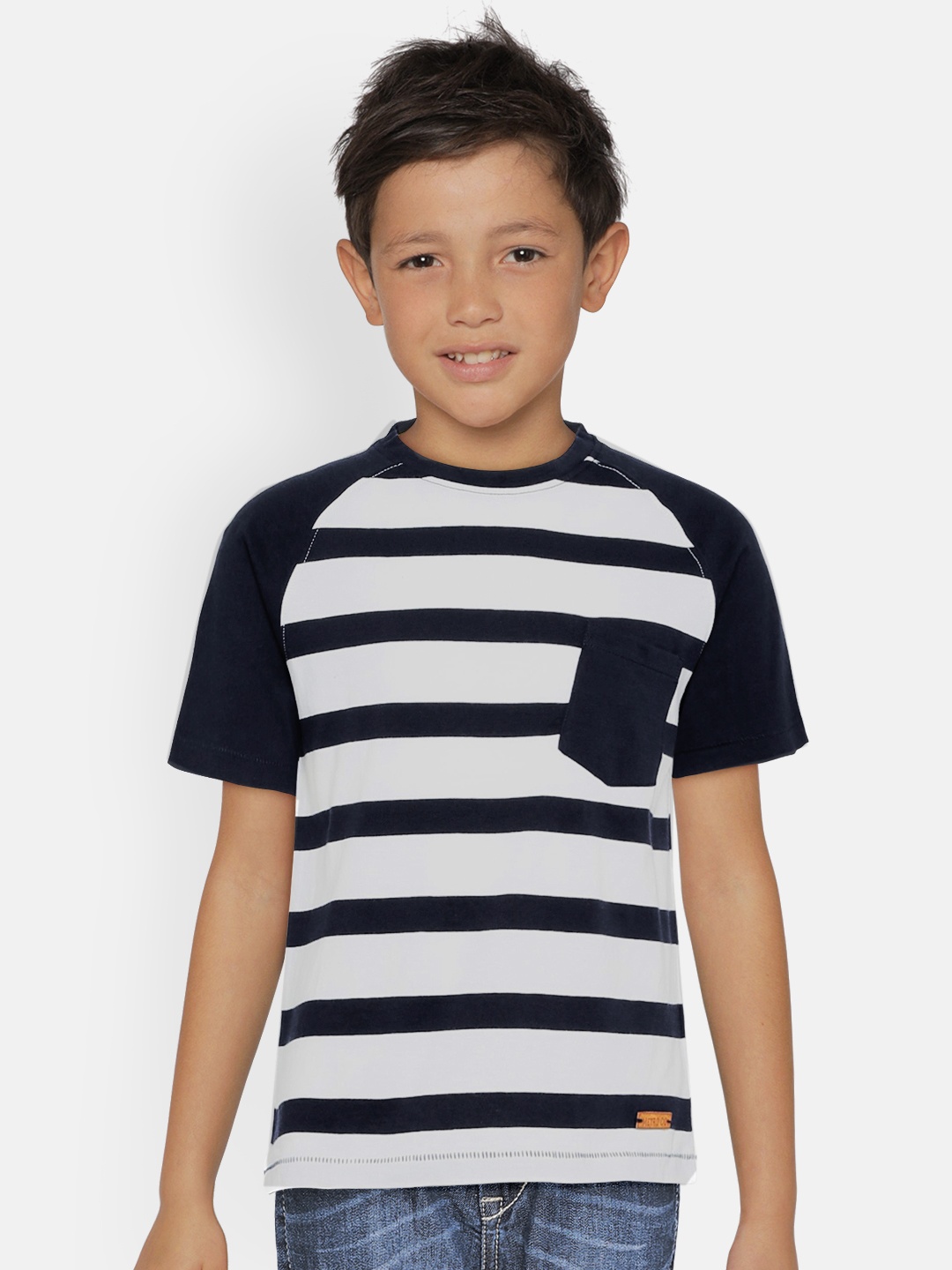 

METRO KIDS COMPANY Boys Navy Blue & White Organic Cotton Striped Round Neck T-shirt