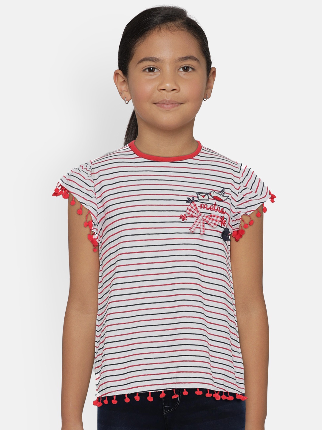 

METRO KIDS COMPANY Girls White Striped Pure Cotton Top