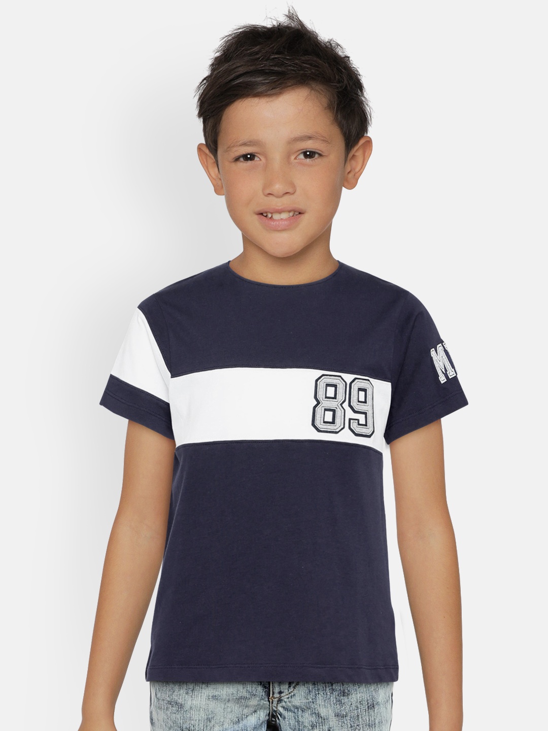

METRO KIDS COMPANY Boys Navy Blue & White Organic Cotton Striped Round Neck T-shirt