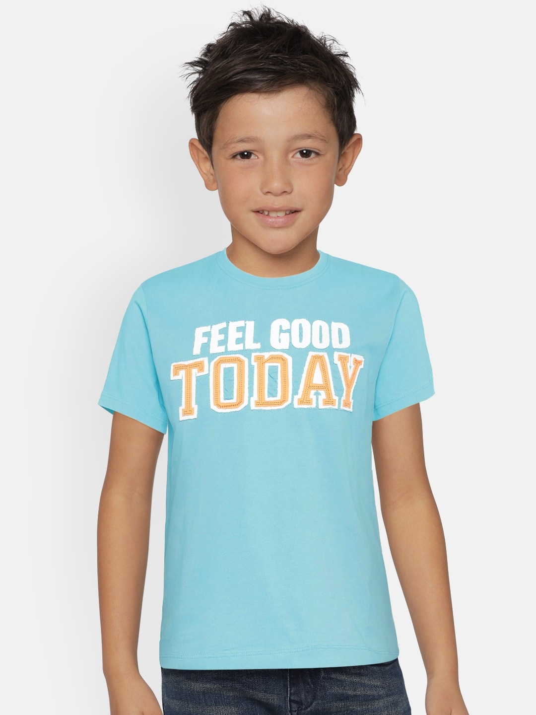 

METRO KIDS COMPANY Boys Turquoise Blue Organic Cotton Self Design Round Neck T-shirt