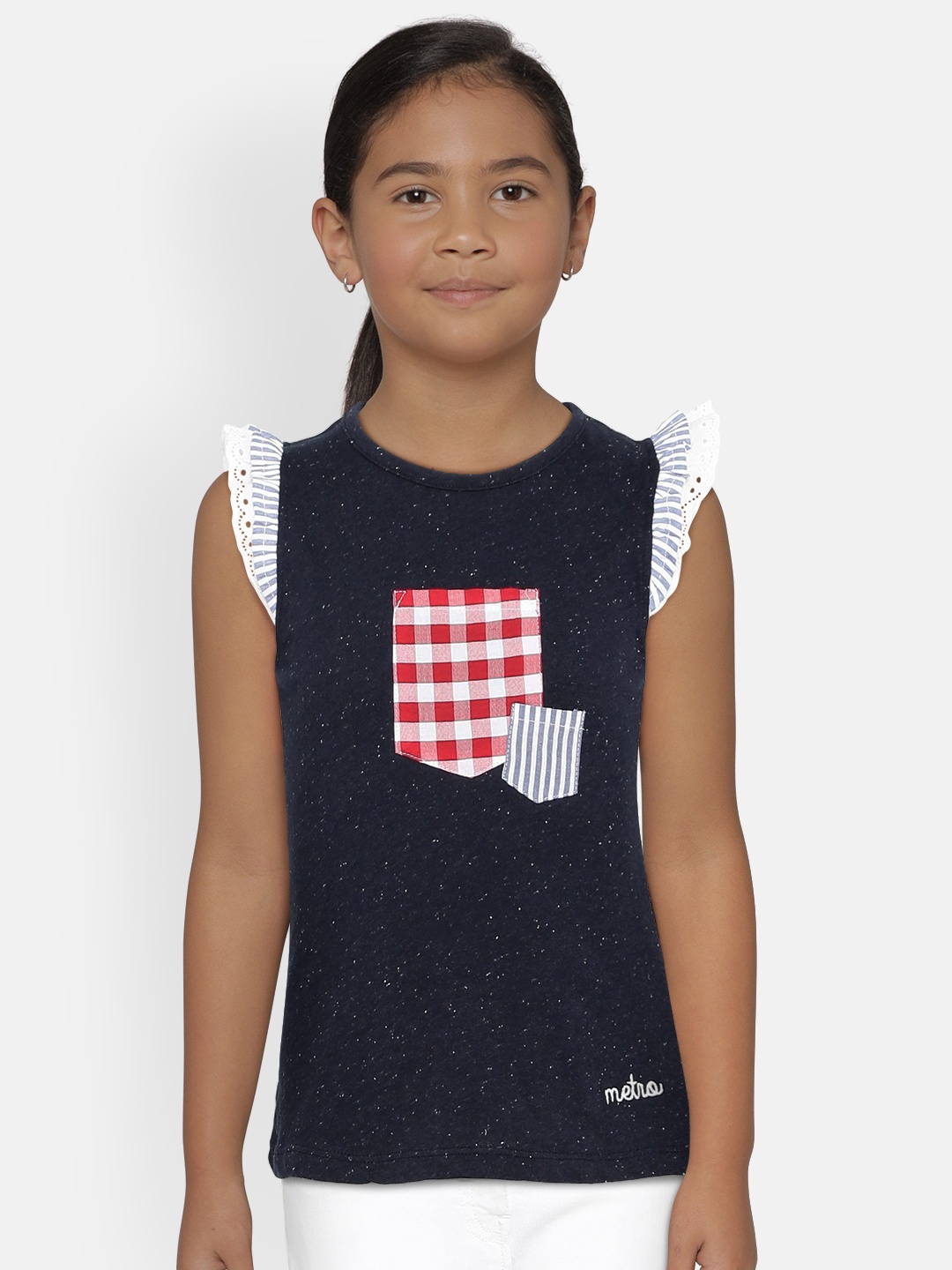 

METRO KIDS COMPANY Girls Navy Blue Organic Cotton Solid Round Neck T-shirt