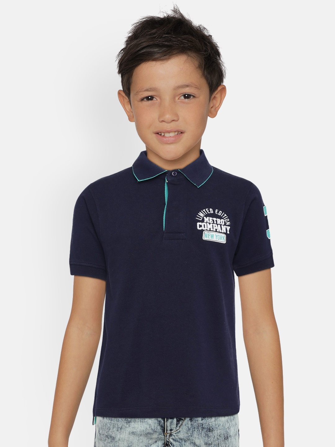 

METRO KIDS COMPANY Boys Navy Blue Organic Cotton Solid Polo Collar T-shirt