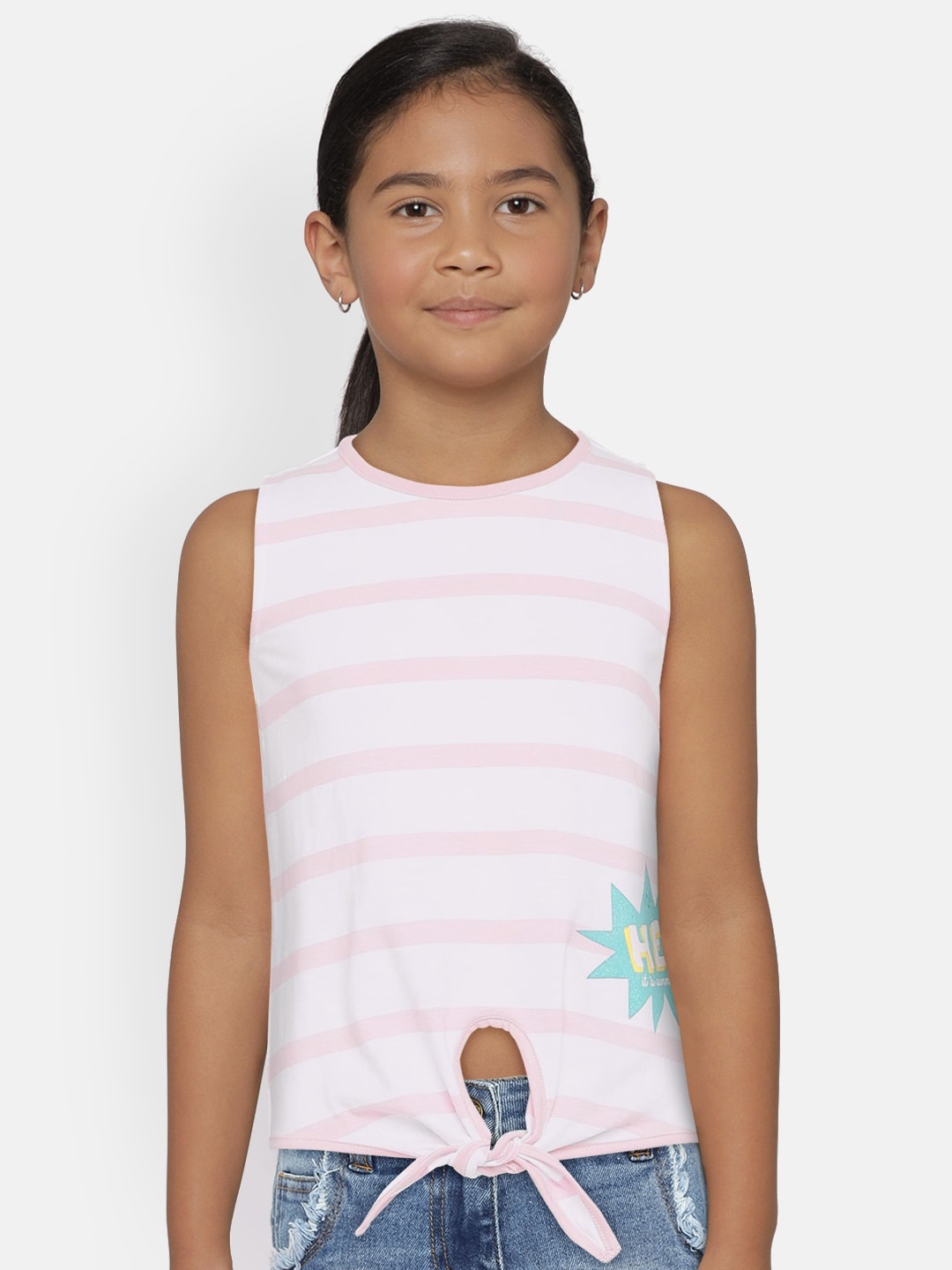 

METRO KIDS COMPANY Girls Pink & White Organic Cotton Striped Round Neck T-shirt