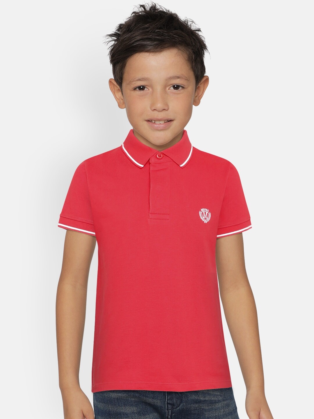 

METRO KIDS COMPANY Boys Red Organic Cotton Solid Polo Collar T-shirt