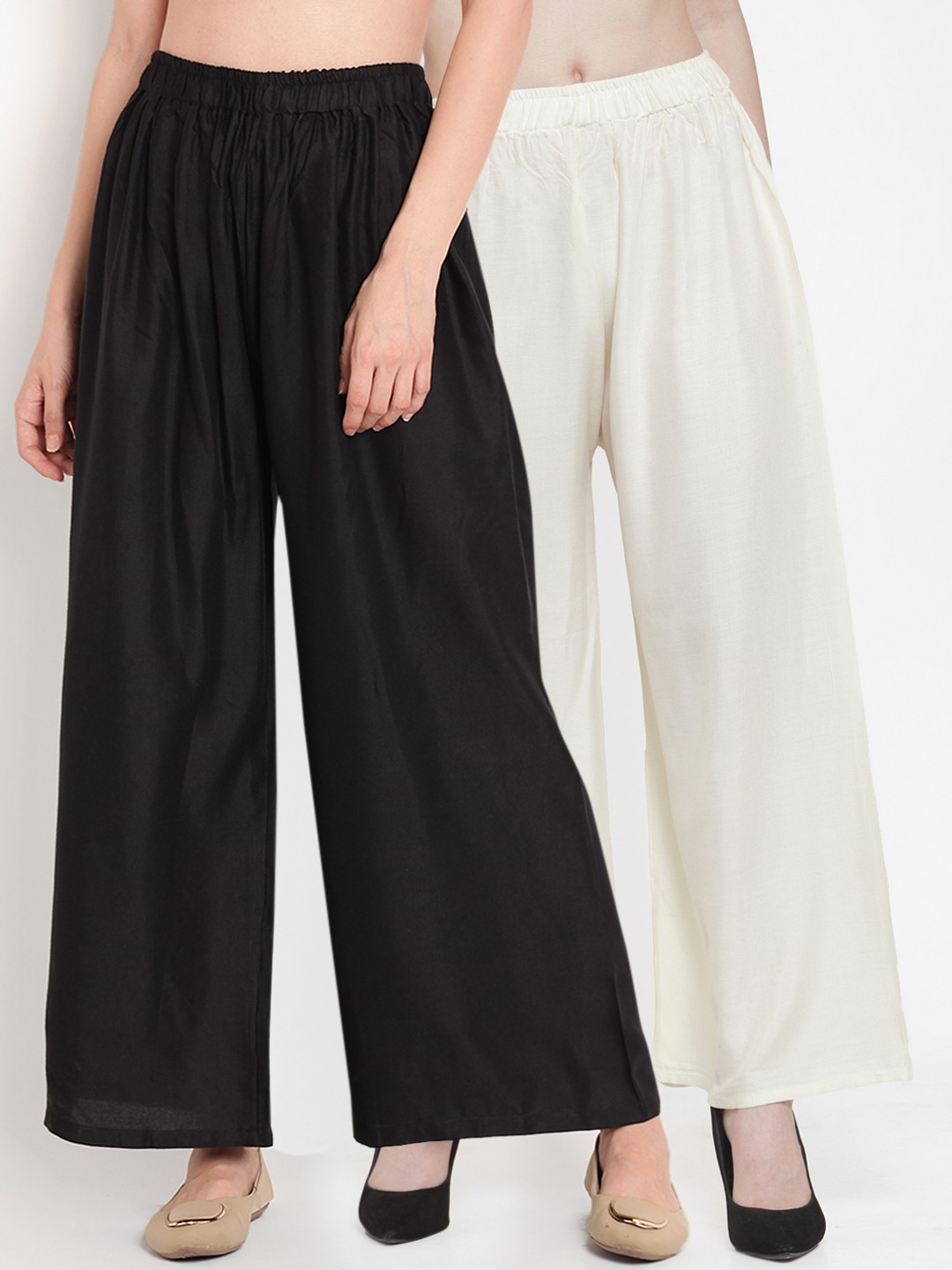 

TAG 7 Women Pack Of 7 Solid Flared Palazzos, Off white