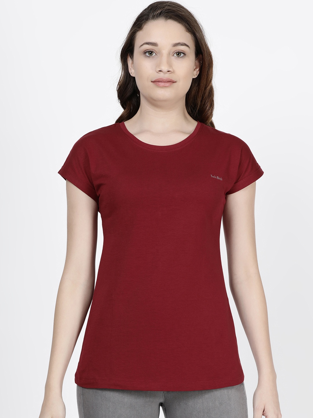 

TWIN BIRDS Women Red Solid Round Neck Pure Cotton T-shirt