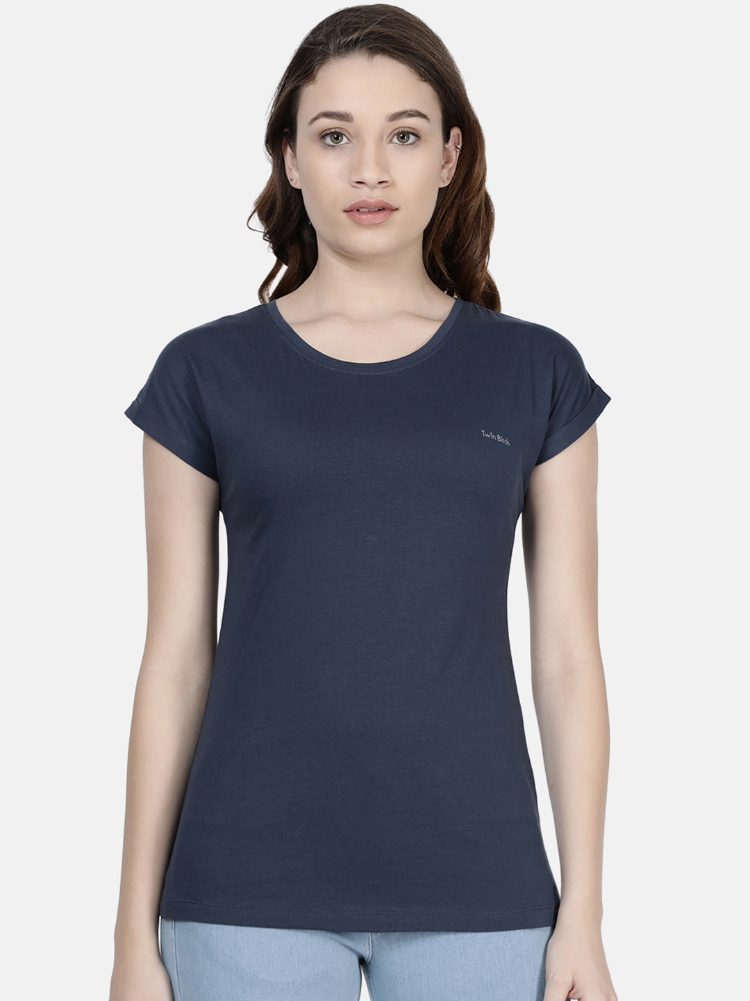 

TWIN BIRDS Women Blue Solid Round Neck Pure Cotton T-shirt
