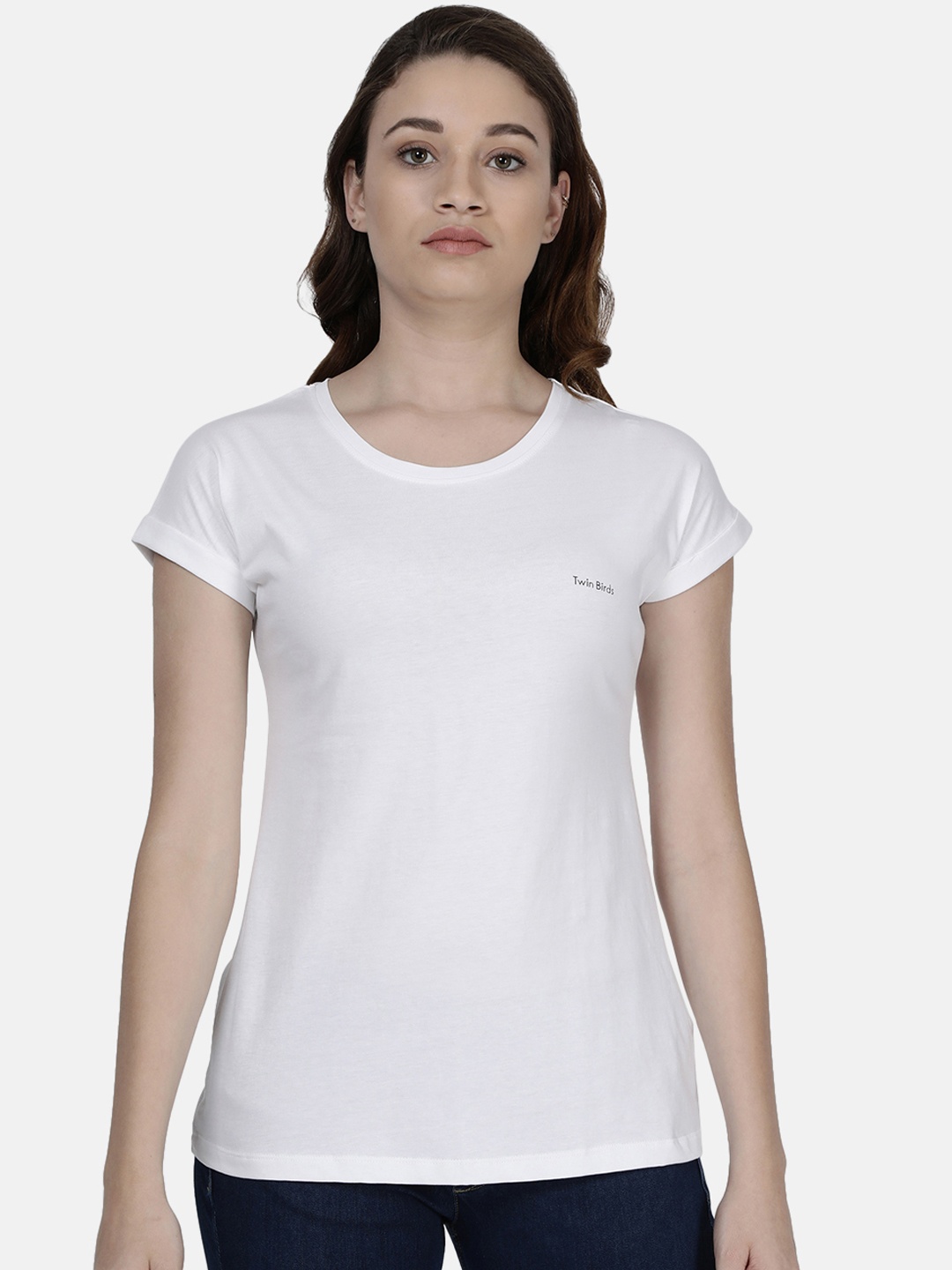 

TWIN BIRDS Women White Solid Round Neck Pure Cotton T-shirt