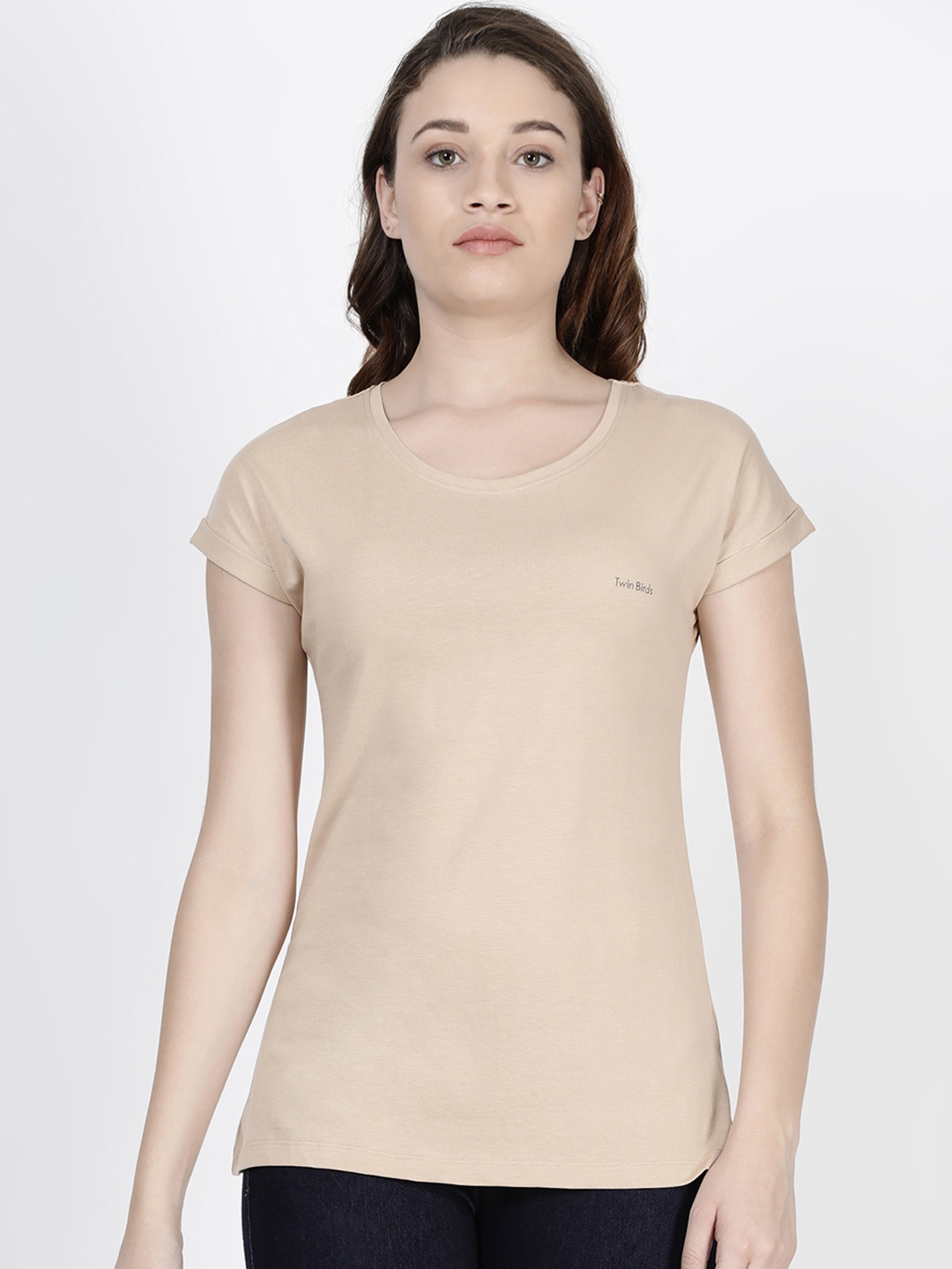 

TWIN BIRDS Women Beige Solid Round Neck Pure Cotton T-shirt