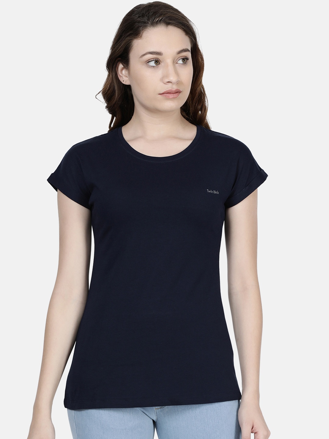 

TWIN BIRDS Women Navy Blue Solid Round Neck Pure Cotton T-shirt