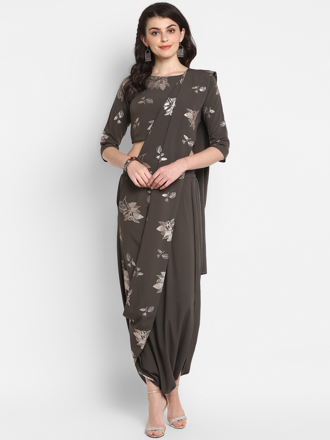 

Janasya Floral Print Top with Dhoti Pants & Dupatta, Grey
