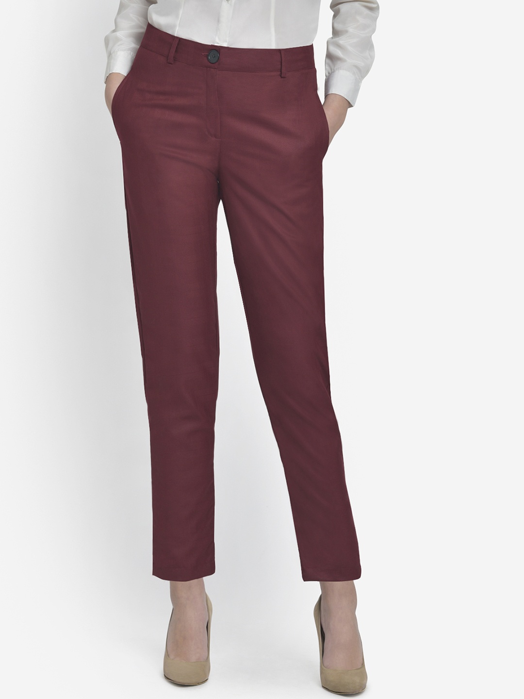 

Martini Women Maroon Tailored Straight Fit Checked Cropped Peg Trousers
