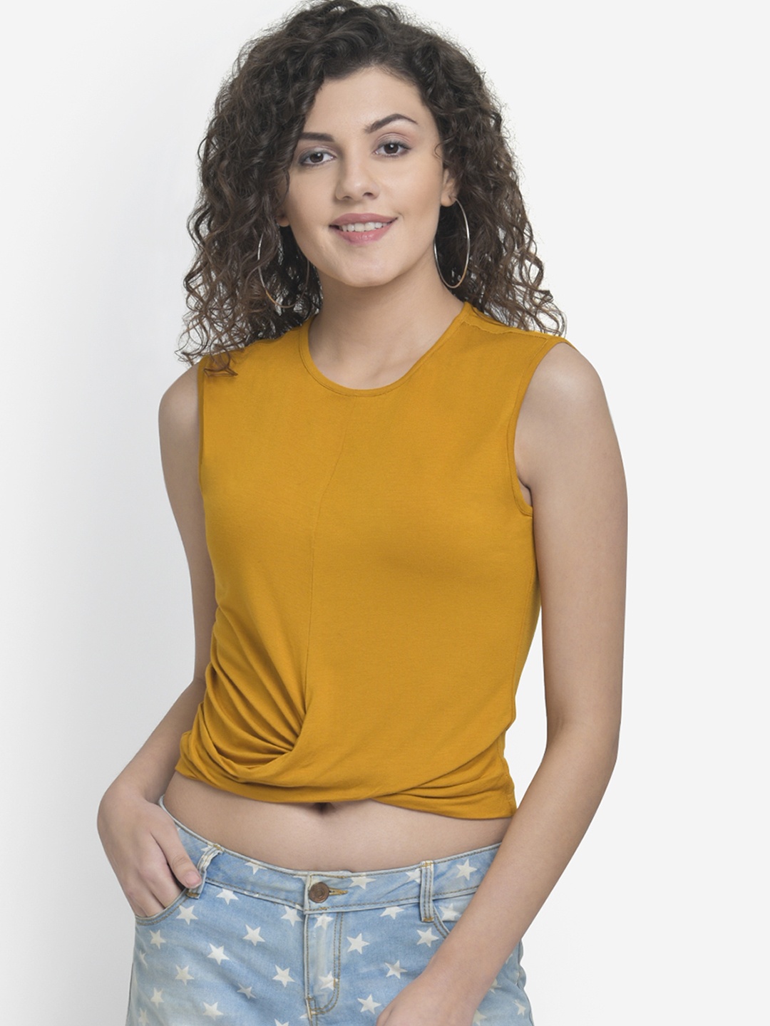 

Martini Women Mustard Yellow Solid Twisted Crop Top