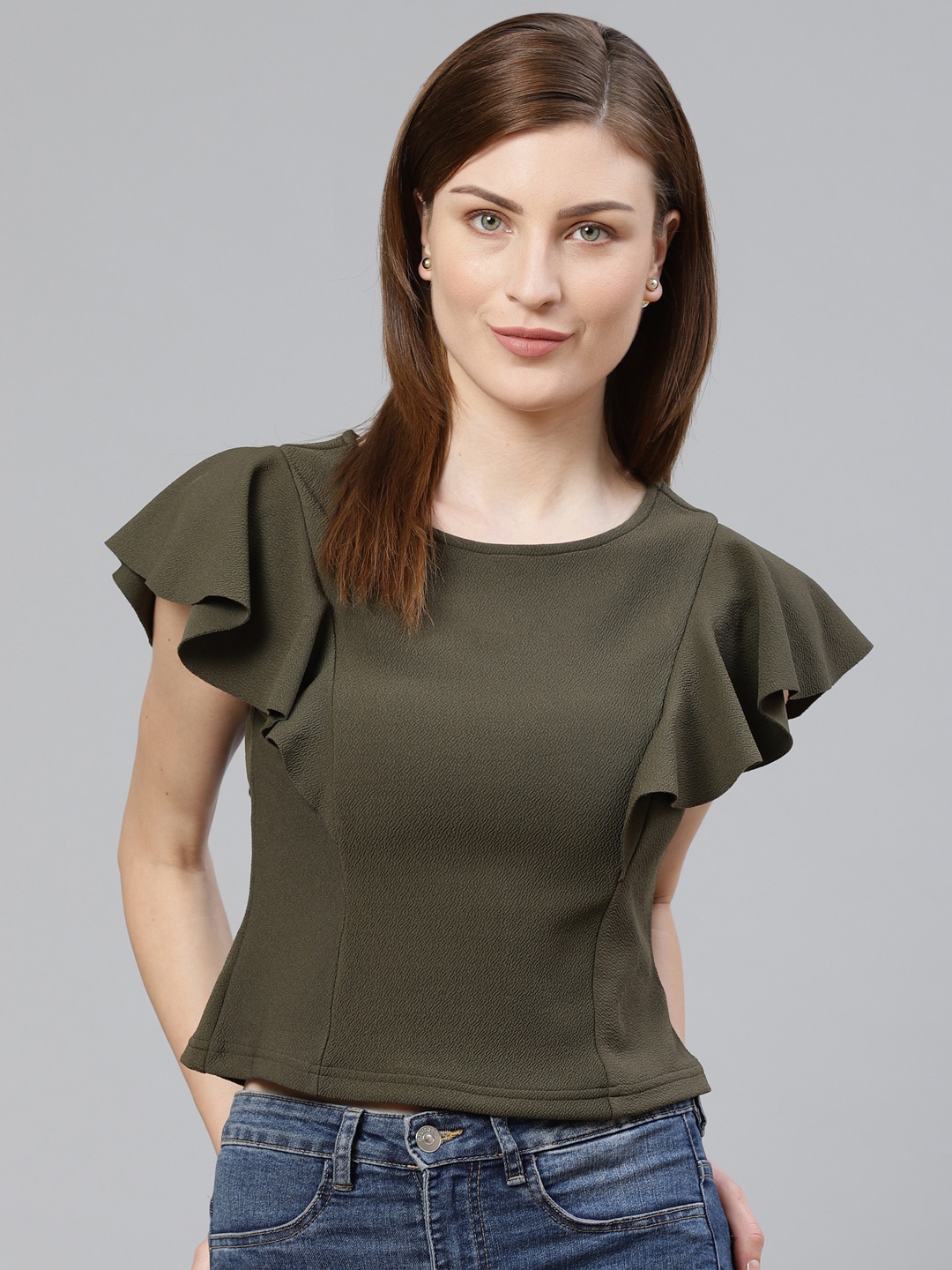 

Orchid Blues Women Olive Green Solid Pure Cotton Top