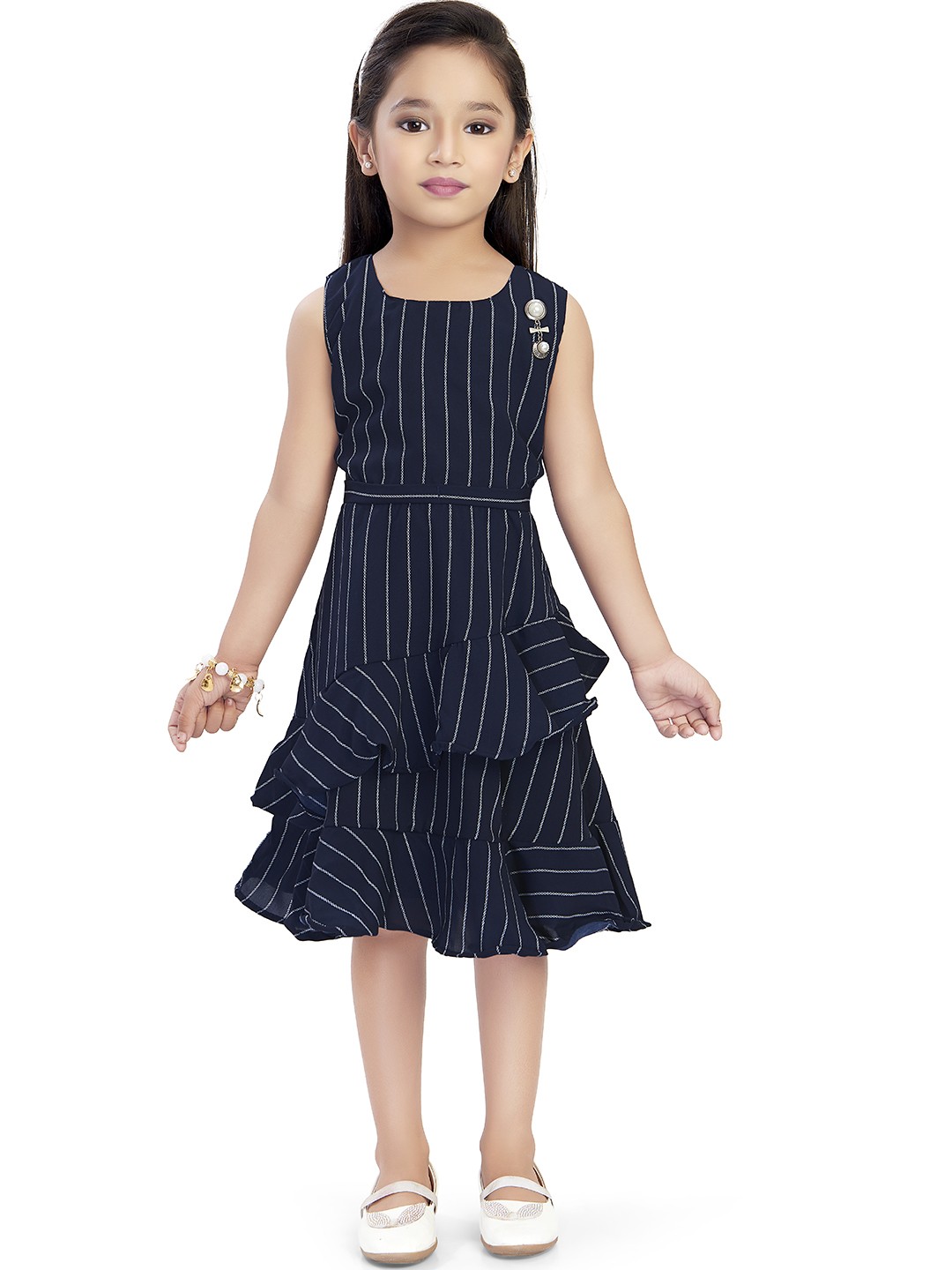 

Doodle Girls Navy Blue & White Striped Fit and Flare Dress