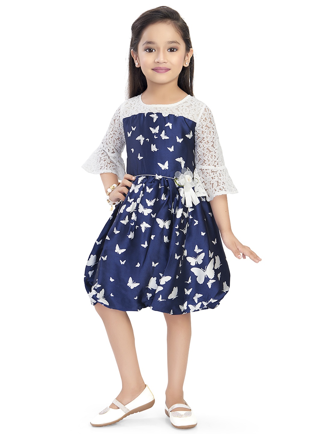 

Doodle Girls Navy Blue & White Printed Fit and Flare Dress