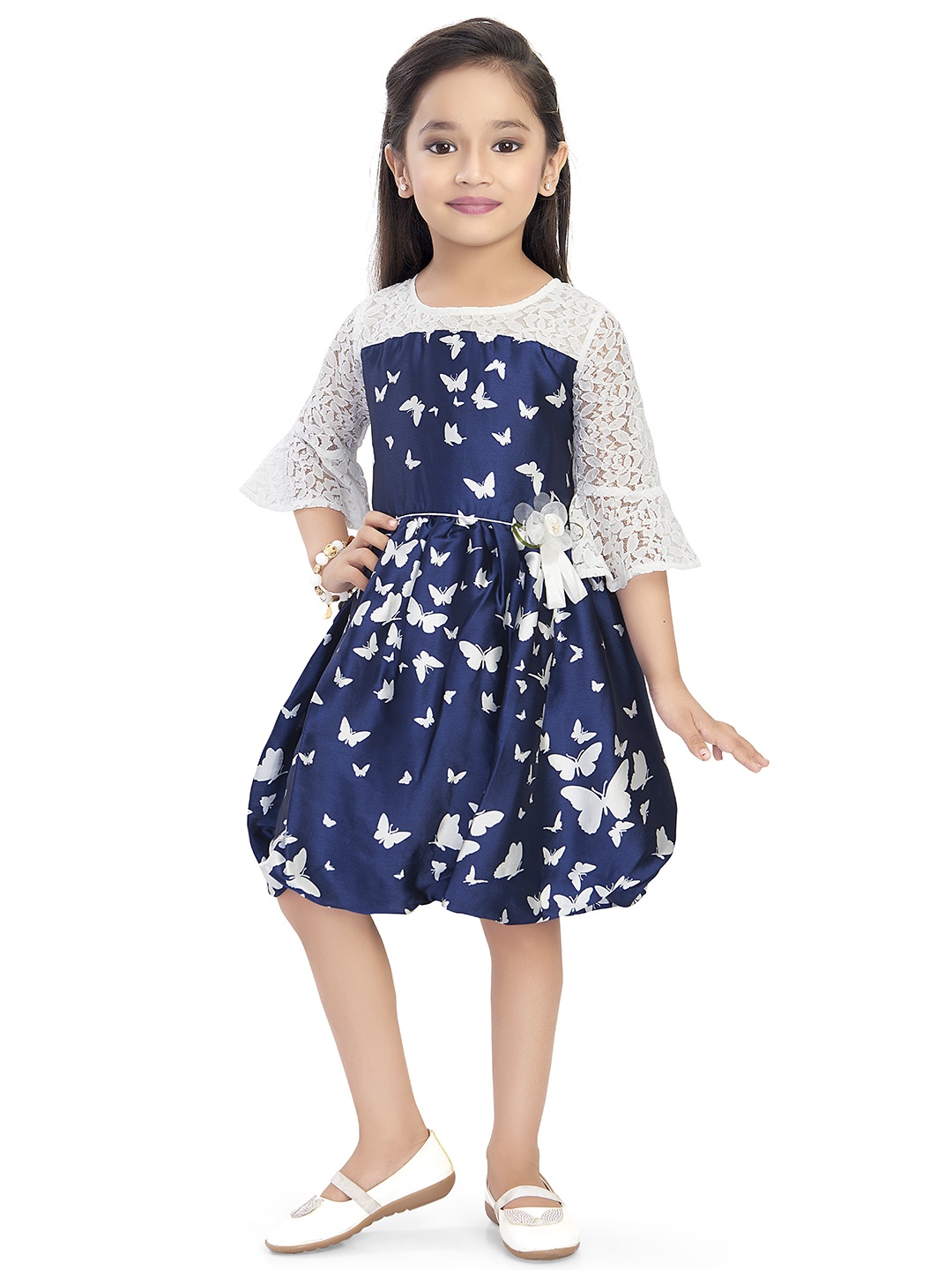 

Doodle Girls Navy Blue & White Printed Balloon Dress