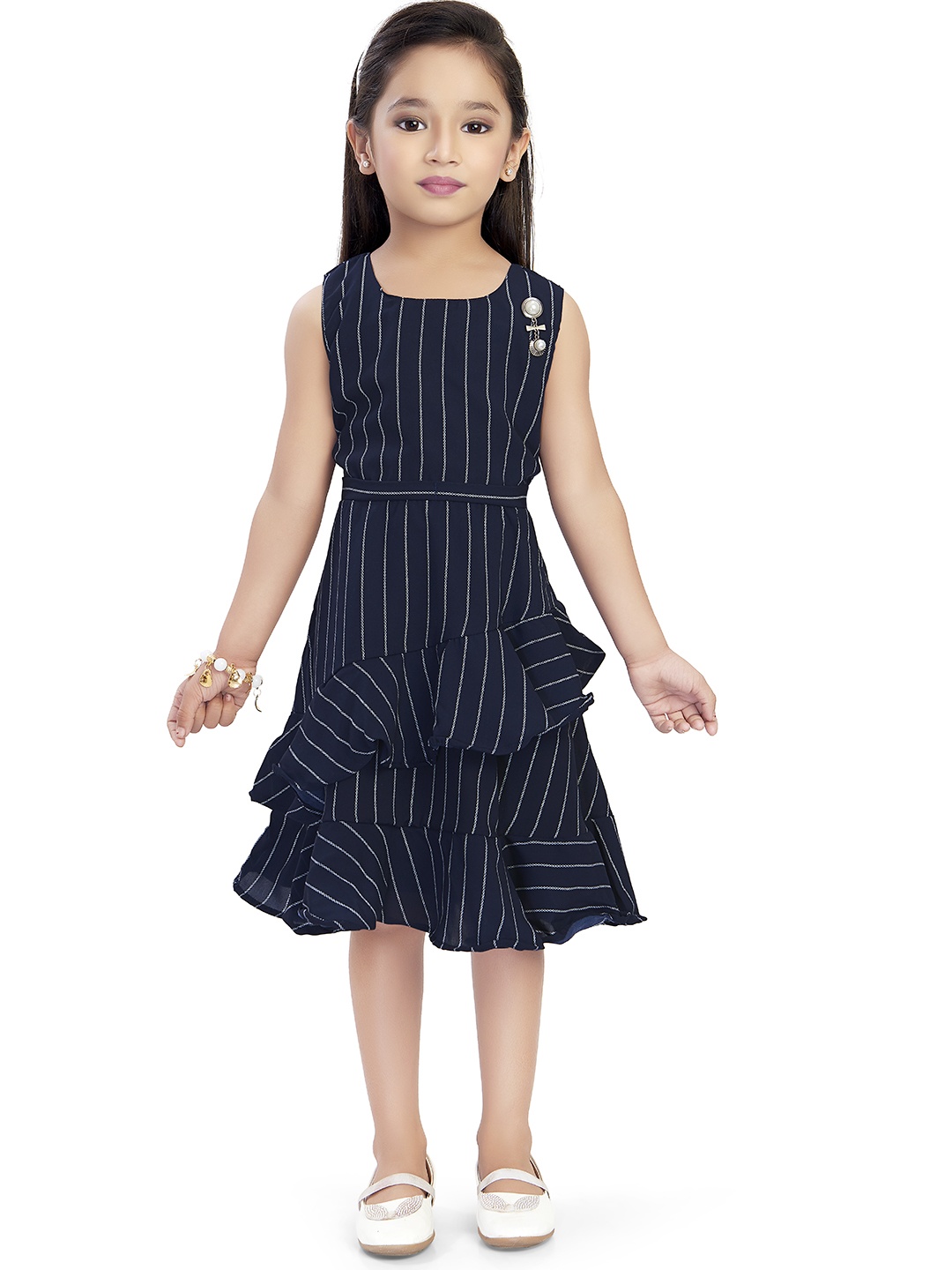 

Doodle Girls Navy Blue Striped Fit and Flare Dress