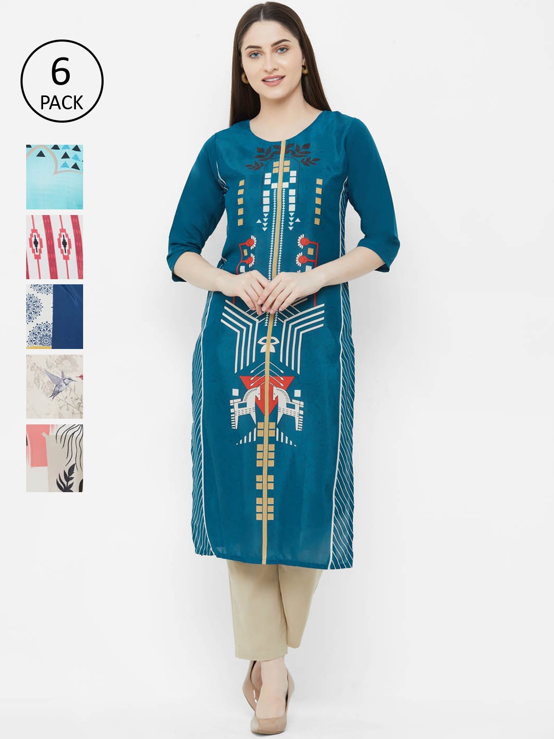 

7Threads Women Multicoloured Pack of 6 Printed Straight Kurta, Multi