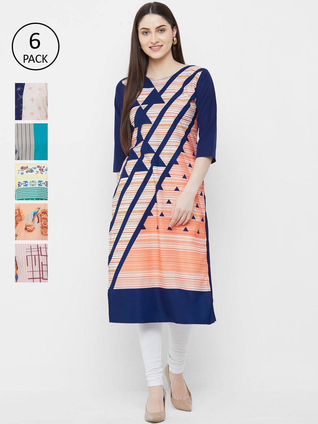 

7Threads Women Pack of 6 Multicoloured Printed Straight Kurta, Multi