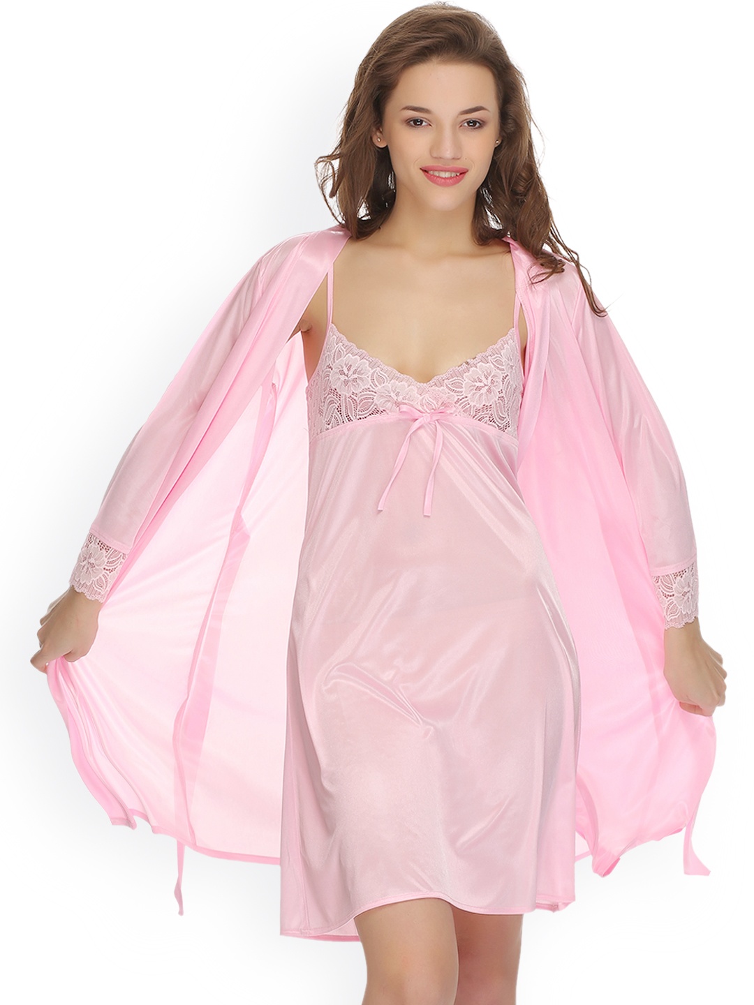 

Clovia Pink Nightdress with Robe NS0286P22