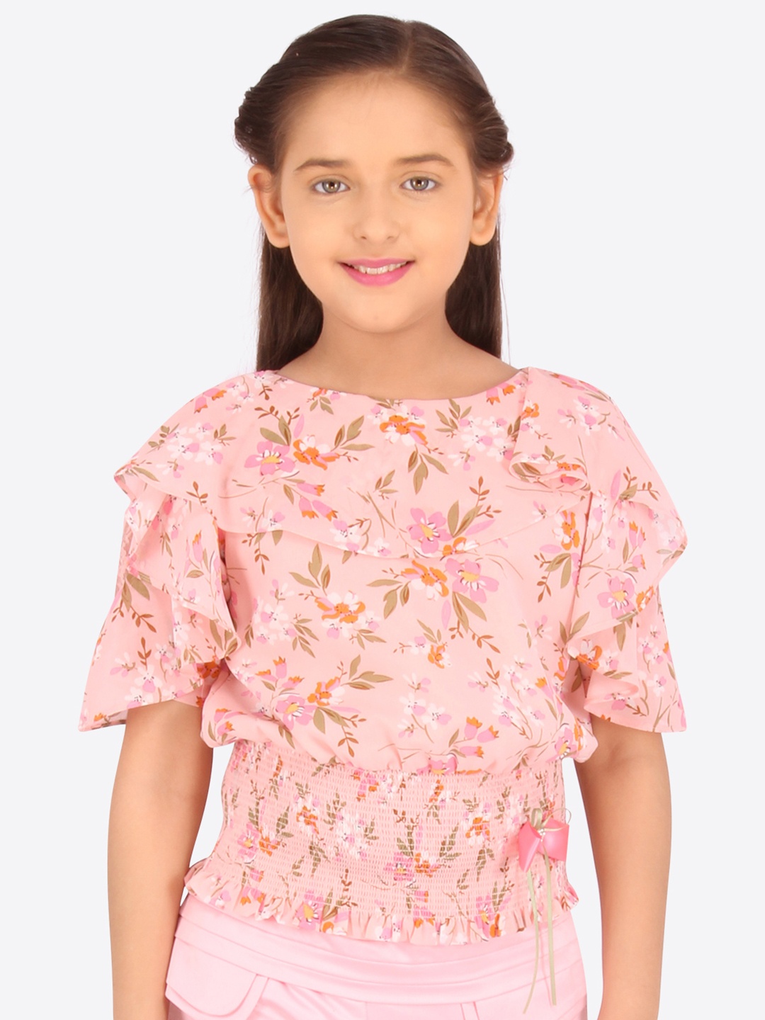 

CUTECUMBER Girls Pink Printed Blouson Top