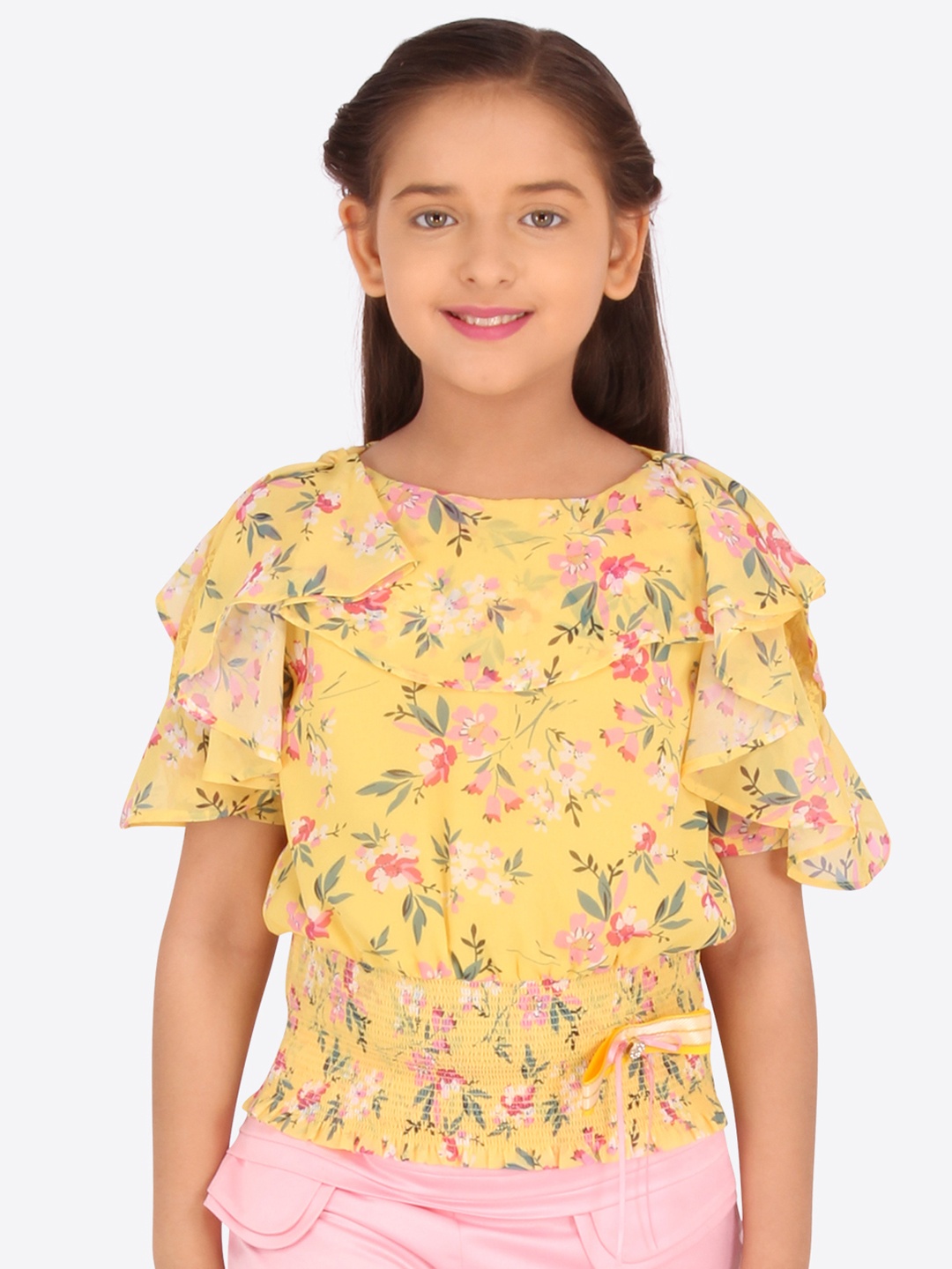

CUTECUMBER Girls Yellow Printed Blouson Ruffled Top