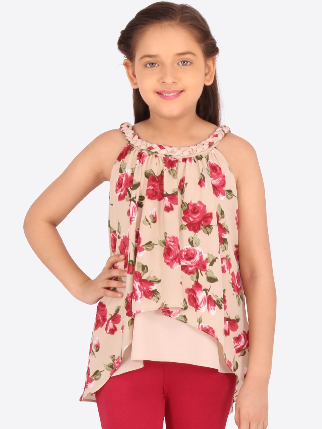 

CUTECUMBER Girls Beige & Red Floral Printed Layered High-Low Top