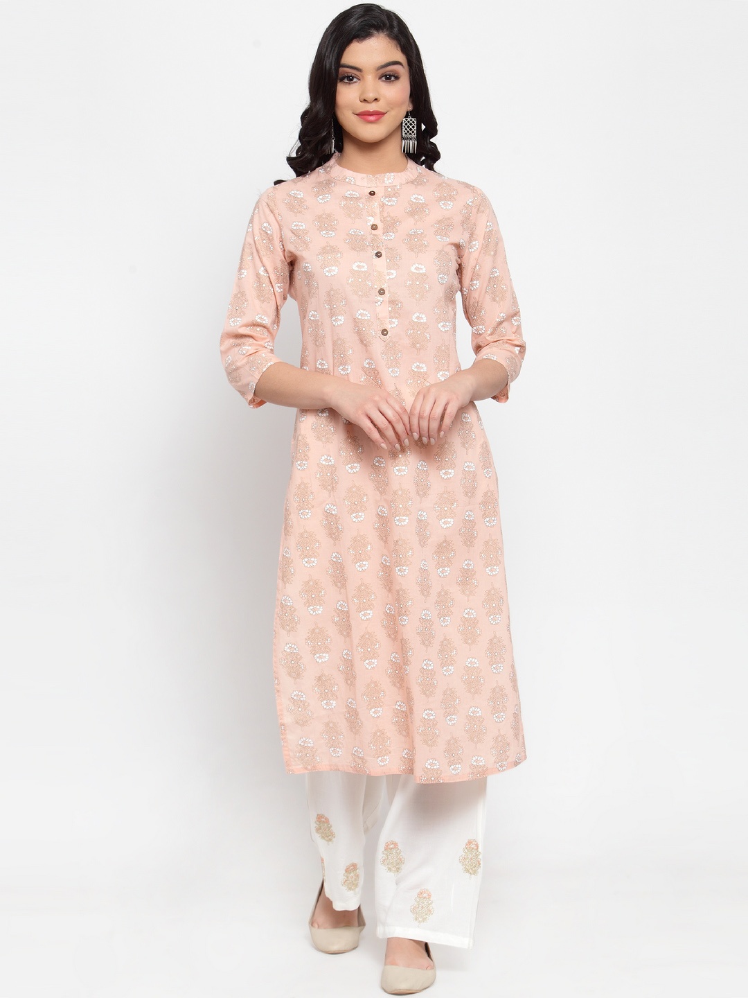 

ANAISA Women Peach & White Floral Printed Kurta with Palazzos