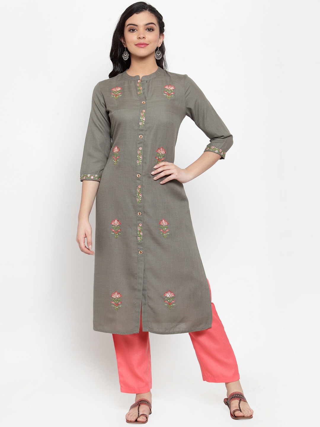 

ANAISA Women Grey & Pink Embroidered Kurta with Trousers