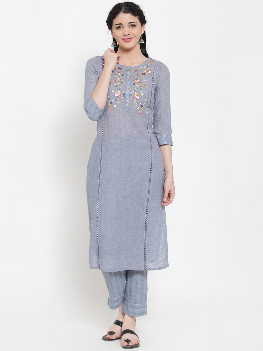 

ANAISA Women Blue & Grey Embroidered Kurta with Trousers