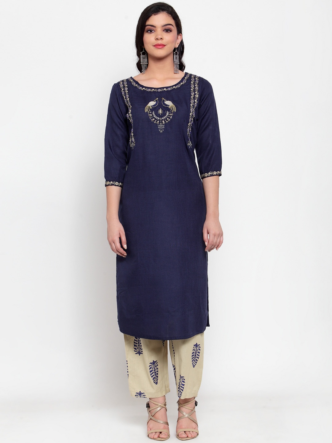 

ANAISA Women Navy Blue Embroidered Kurta with Trousers