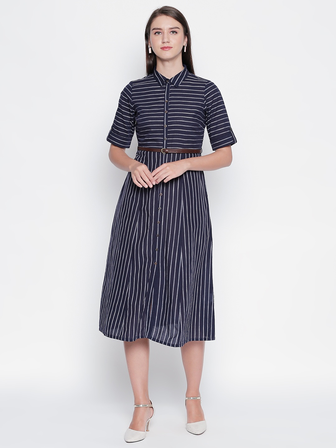 

AKKRITI BY PANTALOONS Women Navy Blue Striped Shirt Dress