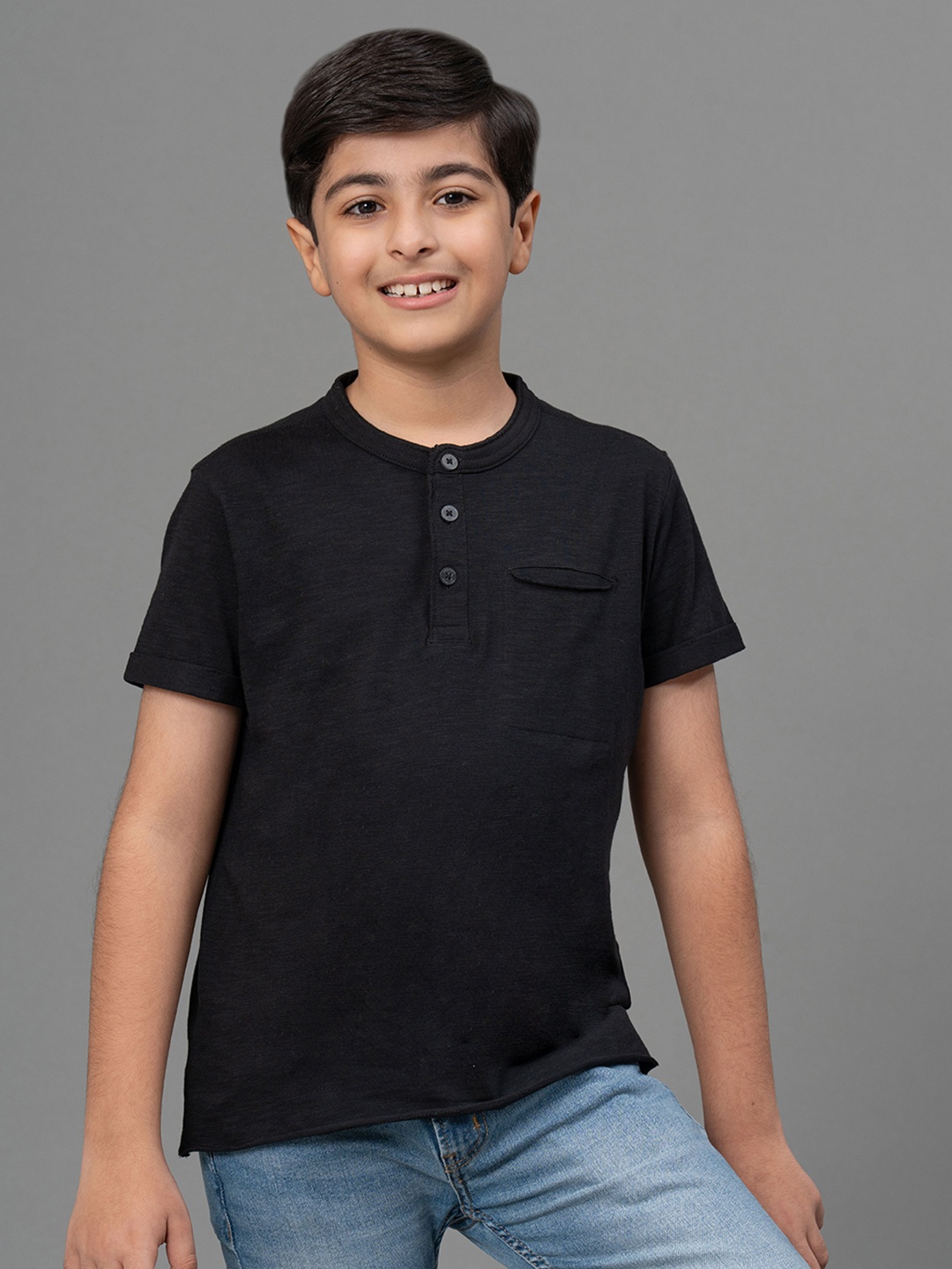 

Red Tape Boys Black Solid Henley Neck T-shirt