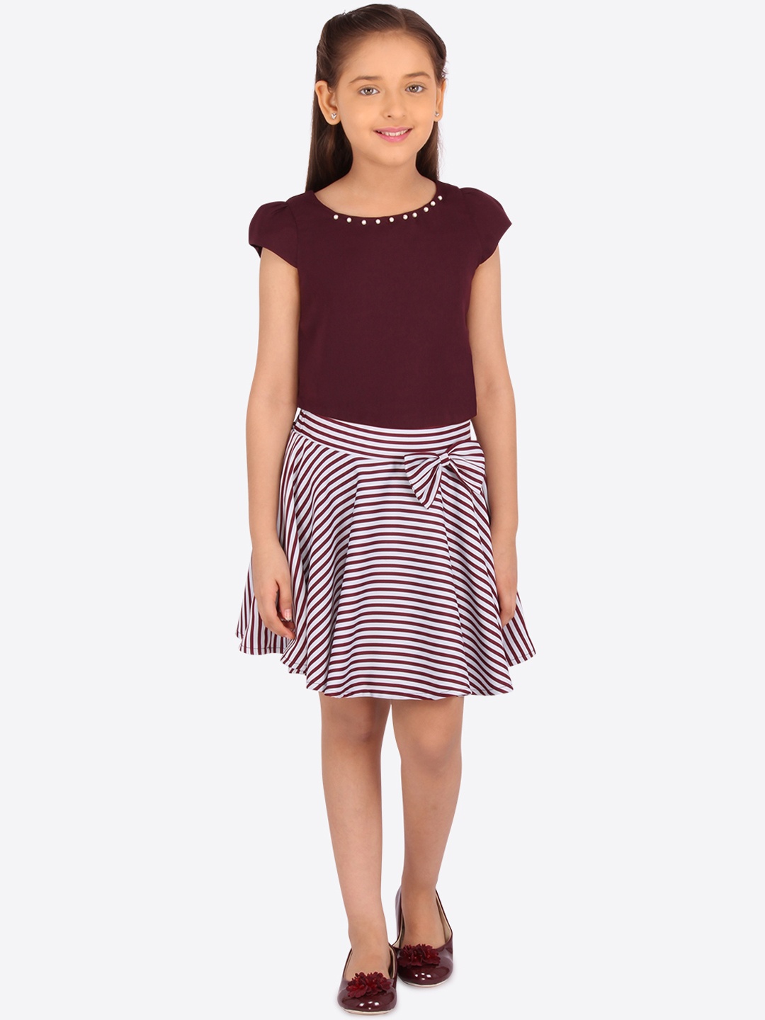 

CUTECUMBER Girls Maroon & White Embellished Top with Skirt