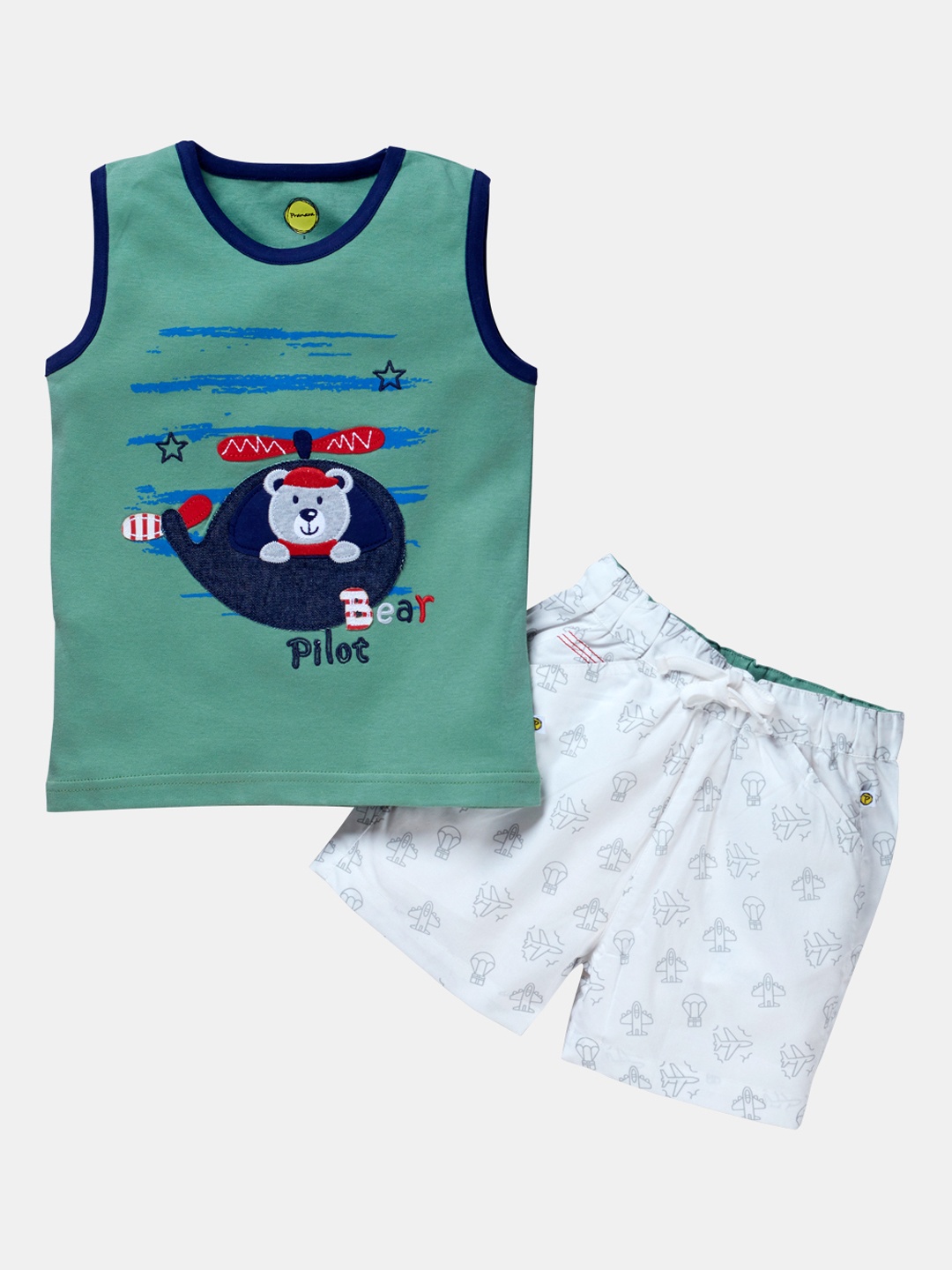 

Pranava Boys Green & White Printed Organic Cotton T-shirt with Shorts