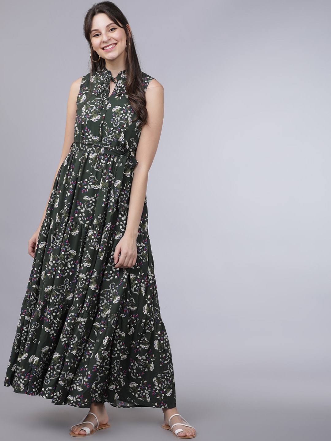 

Tokyo Talkies Women Olive Green & Off-White Printed Maxi Dress