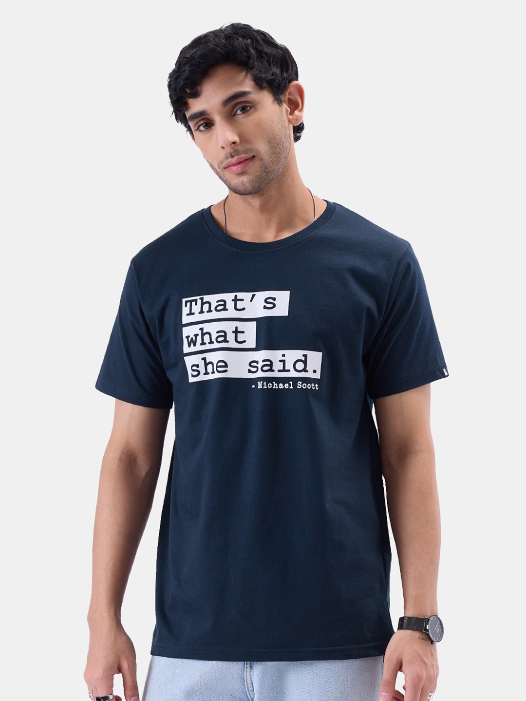

The Souled Store Men Navy Blue White Printed Round Neck Pure Cotton T-shirt