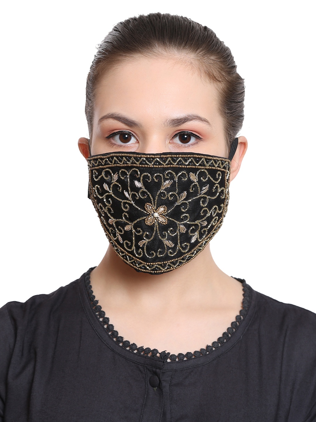 

Anekaant Women Single 3-Ply Black & Copper-Toned Reusable Embellished Fashion Mask