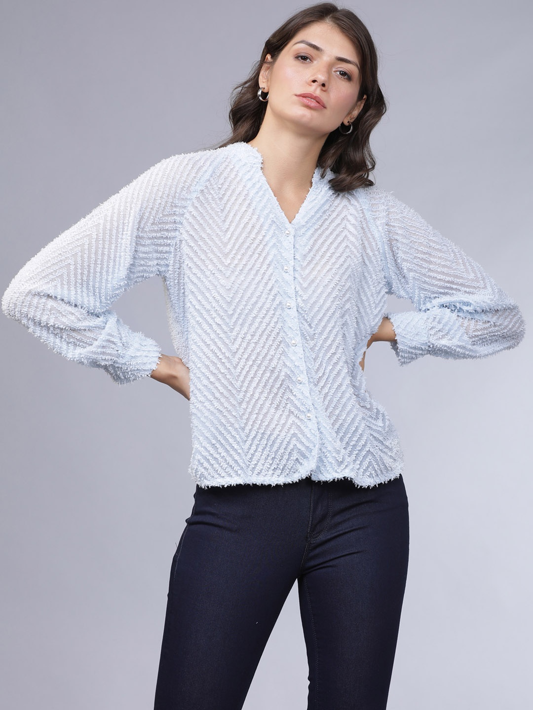 

Tokyo Talkies Women Blue Regular Fit Self Design Casual Shirt