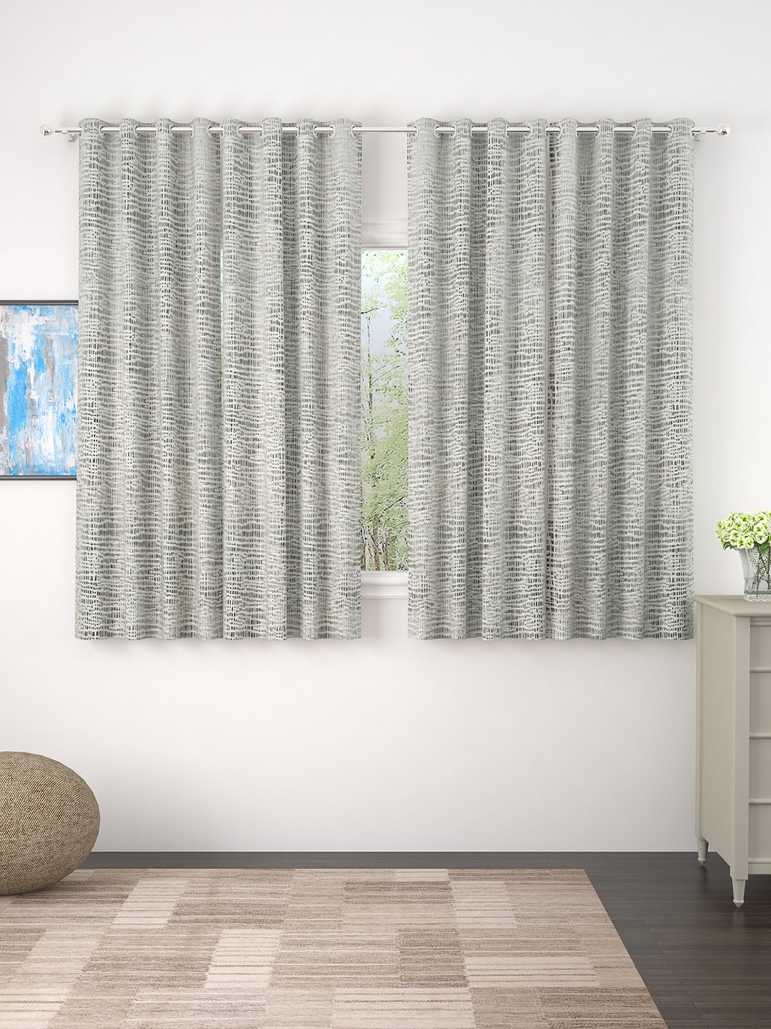 

Story@home White & Grey Set of 4 Jacquard Textured Window Curtains