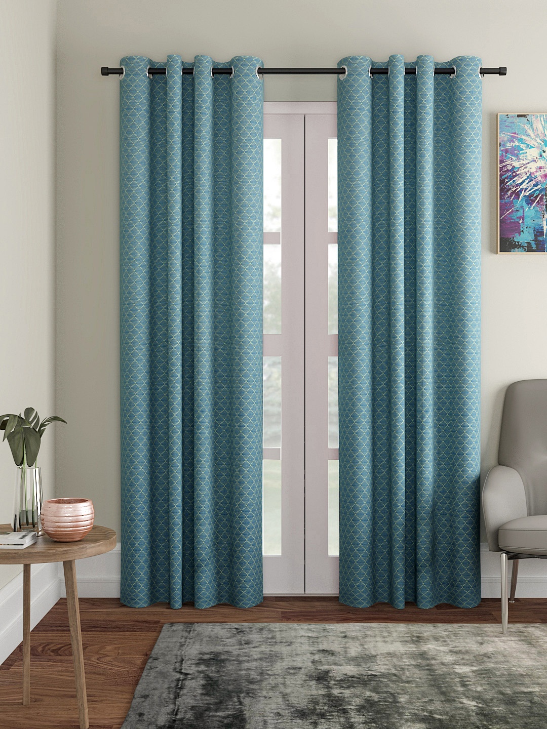 

Soumya Blue & Yellow Single Room Darkening Long Door Curtain