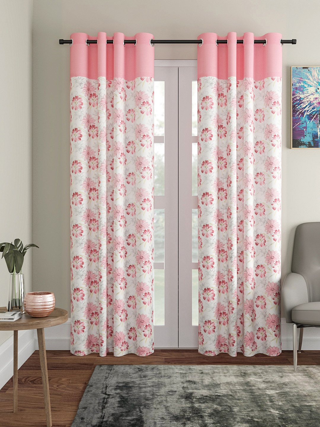

Soumya Pink & White Single Room Darkening Long Door Curtain