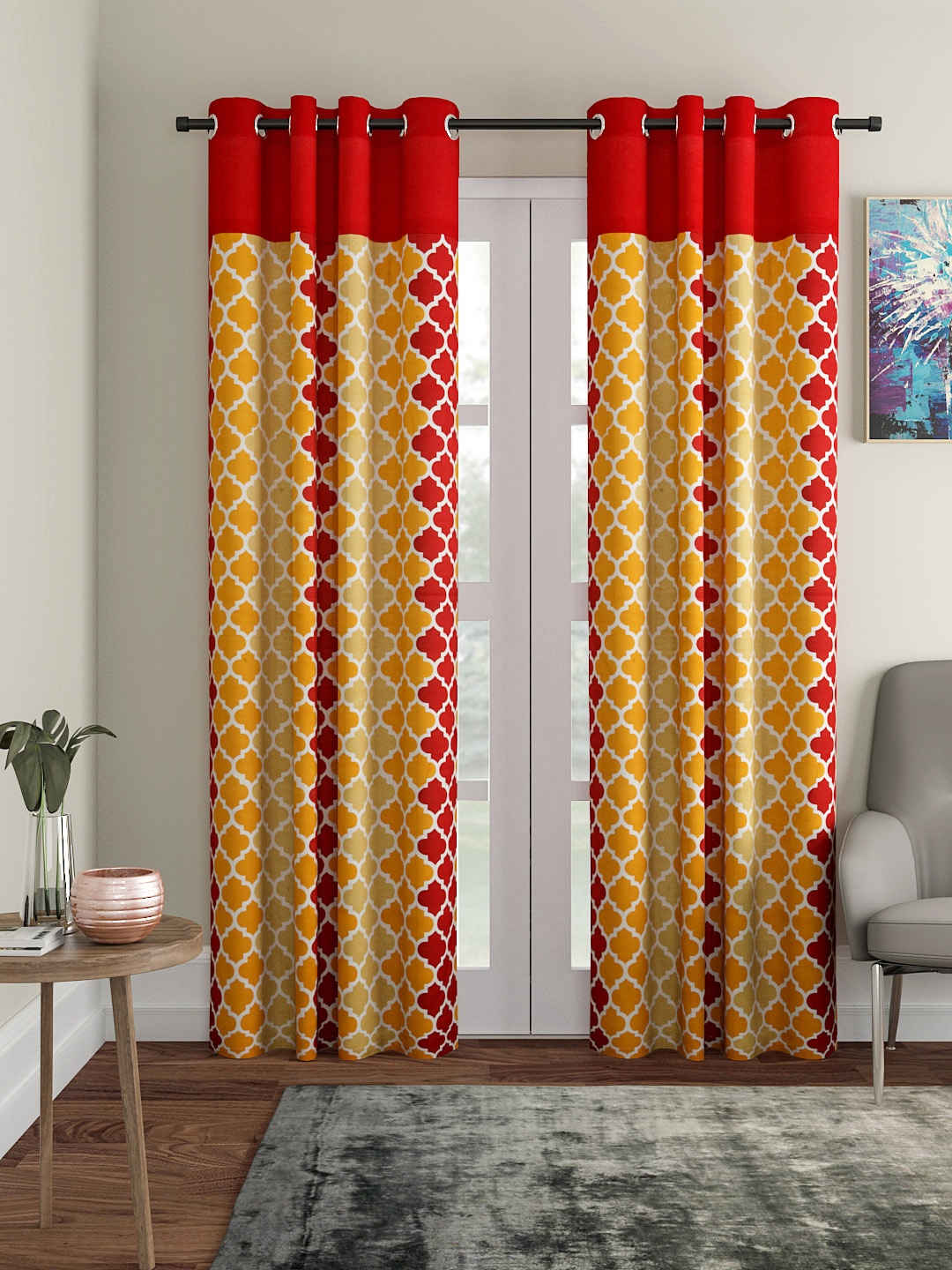

Soumya Orange & Red Single Room Darkening Long Door Curtain