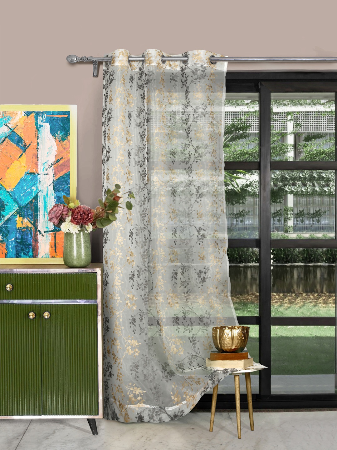 

ROSARA HOME Beige & White Single Sheer Long Door Curtain
