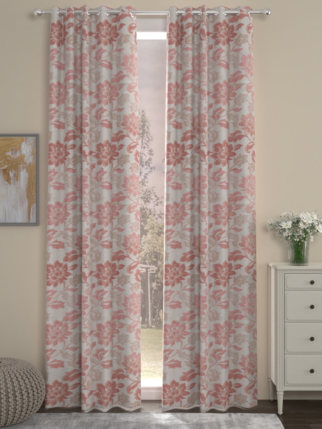 

ROSARA HOME Pink & Off-White Set of 2 Jacquard Door Curtains