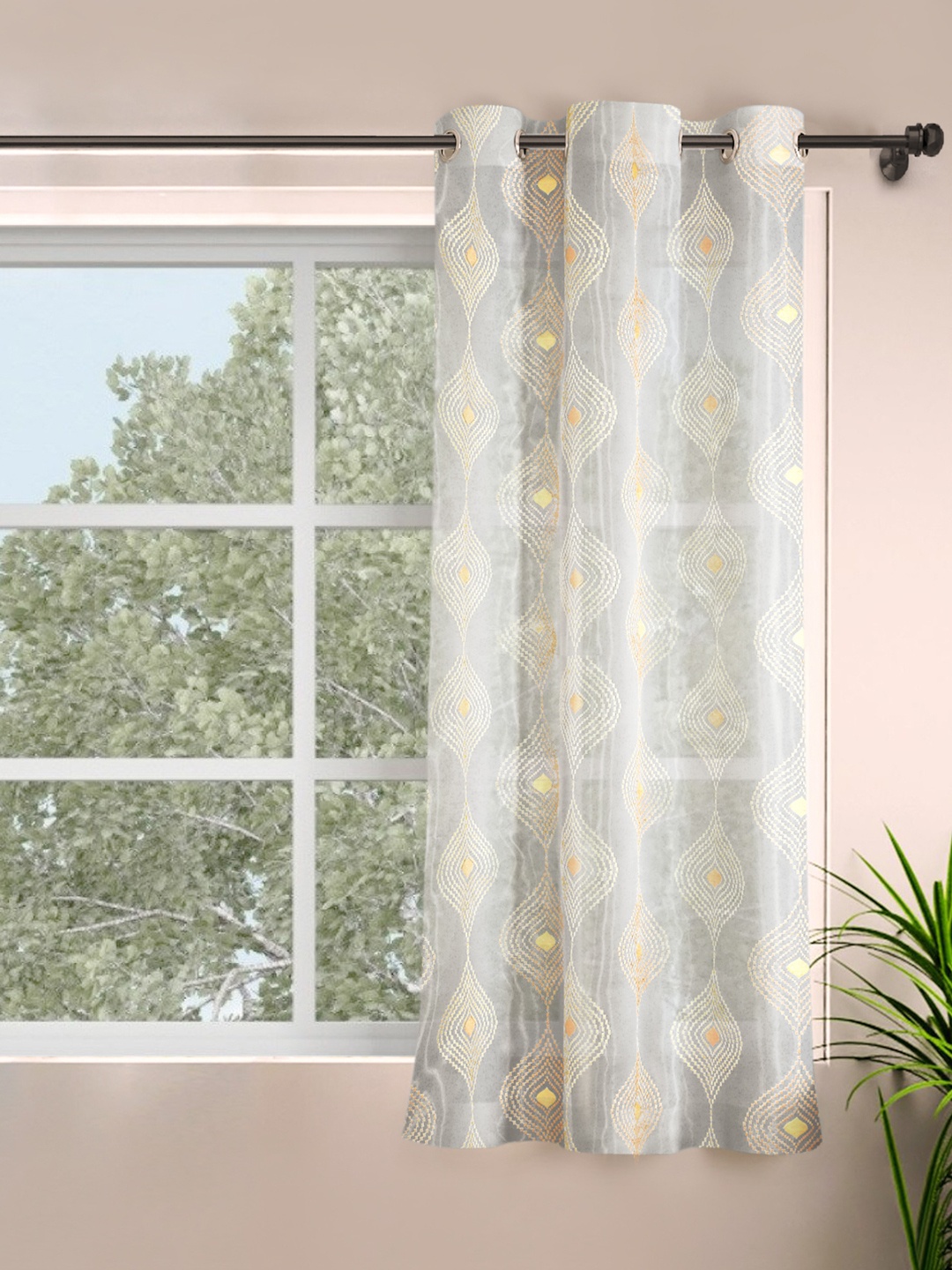 

ROSARA HOME Rose Pink & White Single Sheer Window Curtain