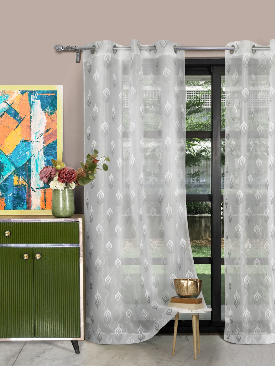 

ROSARA HOME Set of 2 Off-White & Grey Long Door Curtains